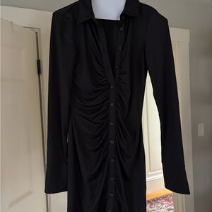 Black Ruched Button-Front Women's Dress